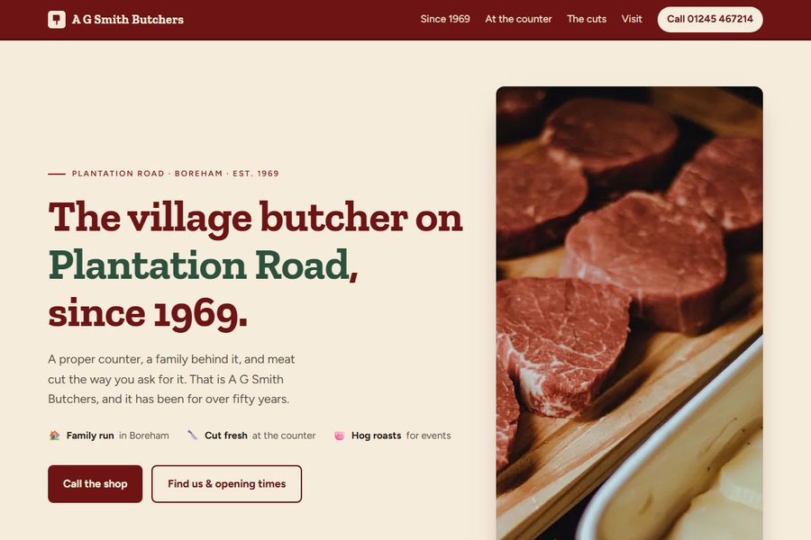Homepage of the A G Smith Butchers site, showing the shop name, the Plantation Road address and a call button.