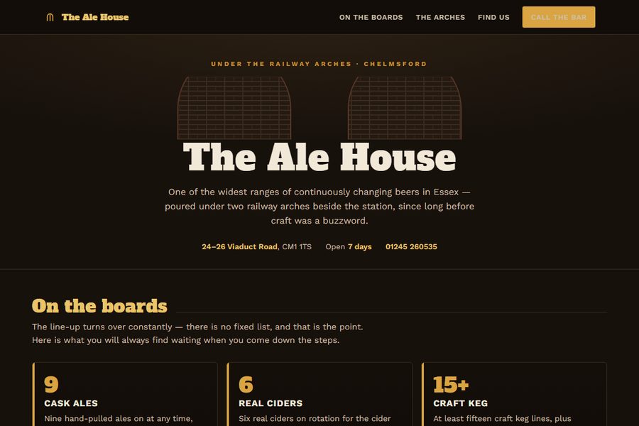 Homepage of The Ale House site, showing the beer board and the Viaduct Road address.