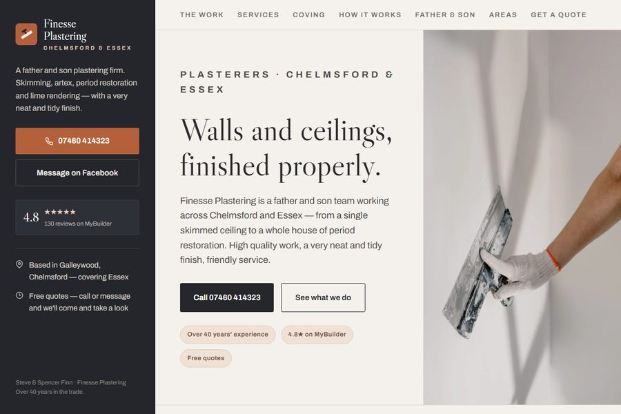 Homepage of the Finesse Plastering site, showing the rating, phone number and a fixed contact rail.