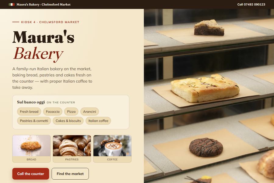 Homepage of the Maura's Bakery site, showing what is on the counter and where to find the kiosk.