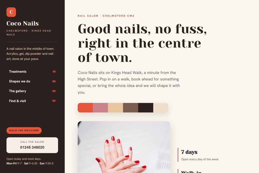 Homepage of the Coco Nails site, showing the treatment list and the nail shape guide.