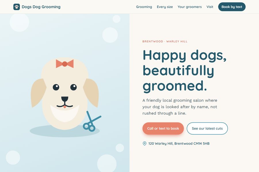 Homepage of the Dogs Dog Grooming site, showing the services, the dog sizes taken and a text to book button.