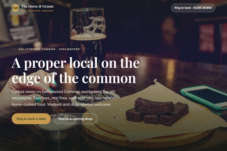 Homepage of The Horse and Groom site, showing the bars, the food and the garden.