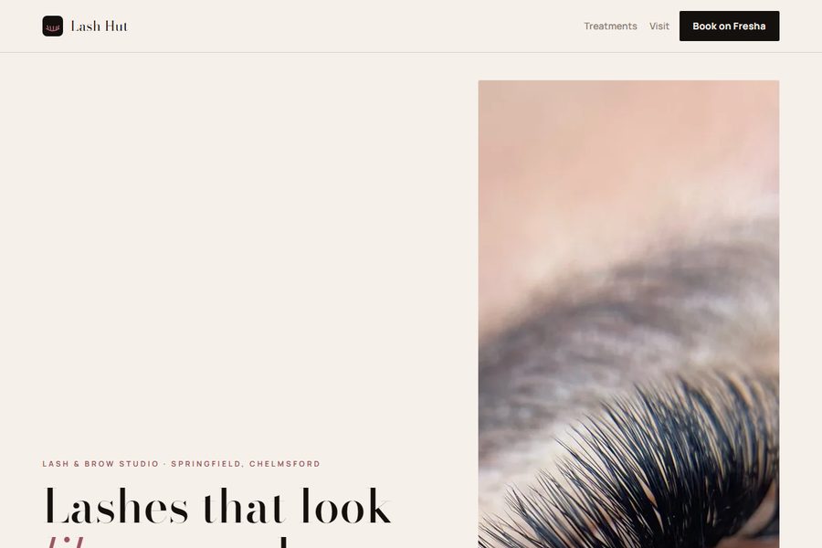 Homepage of the Lash Hut site, showing the treatment menu and the lash type guide.