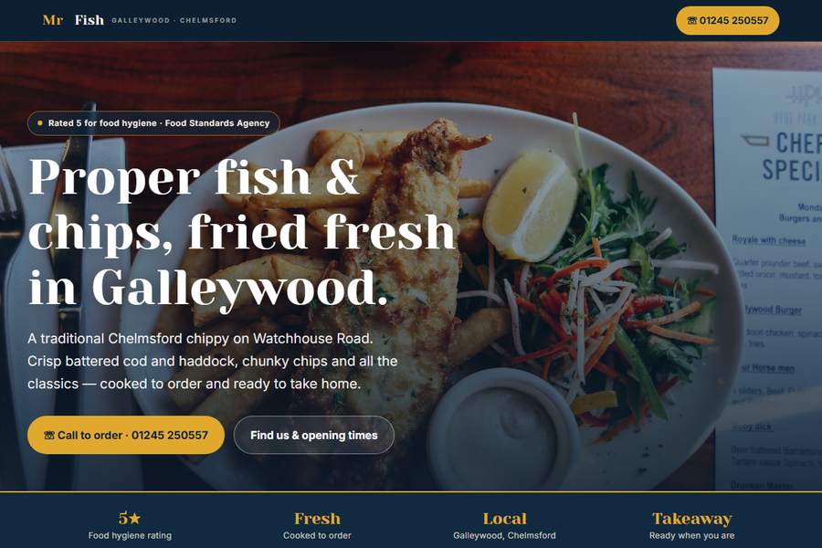 Homepage of the Mr Fish site, showing the menu, the opening times and a call button.
