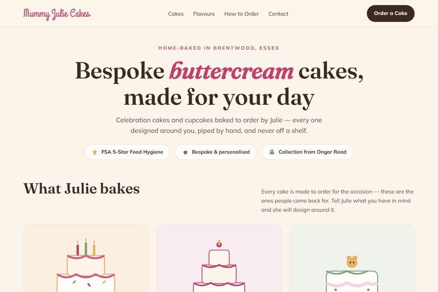 Homepage of the Mummy Julie Cakes site, showing the cake gallery and the flavour picker.