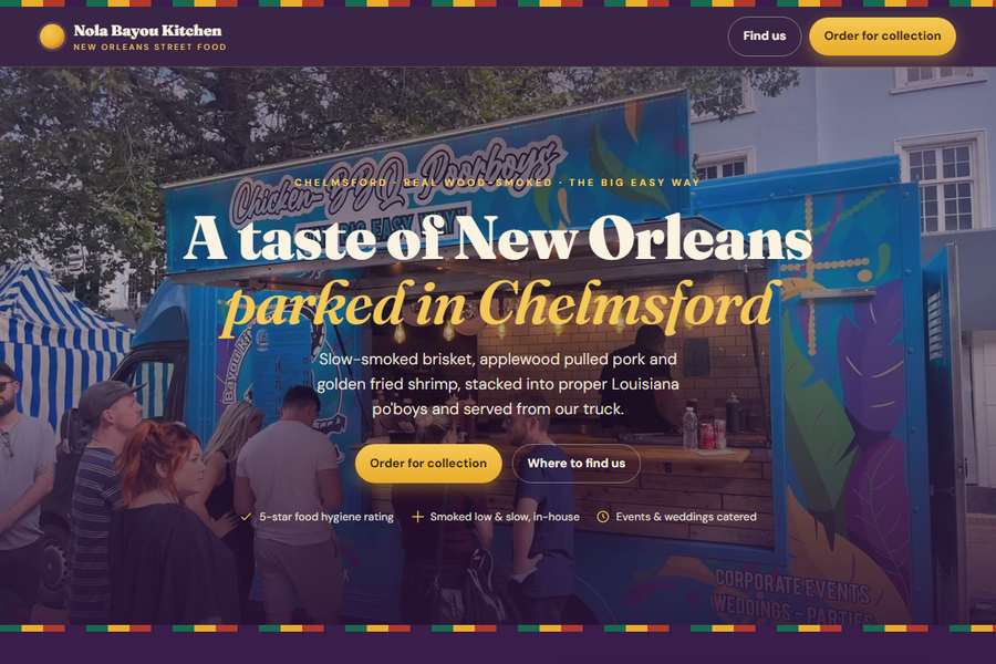 Homepage of the Nola Bayou Kitchen site, showing the truck, the menu and where to find it this week.