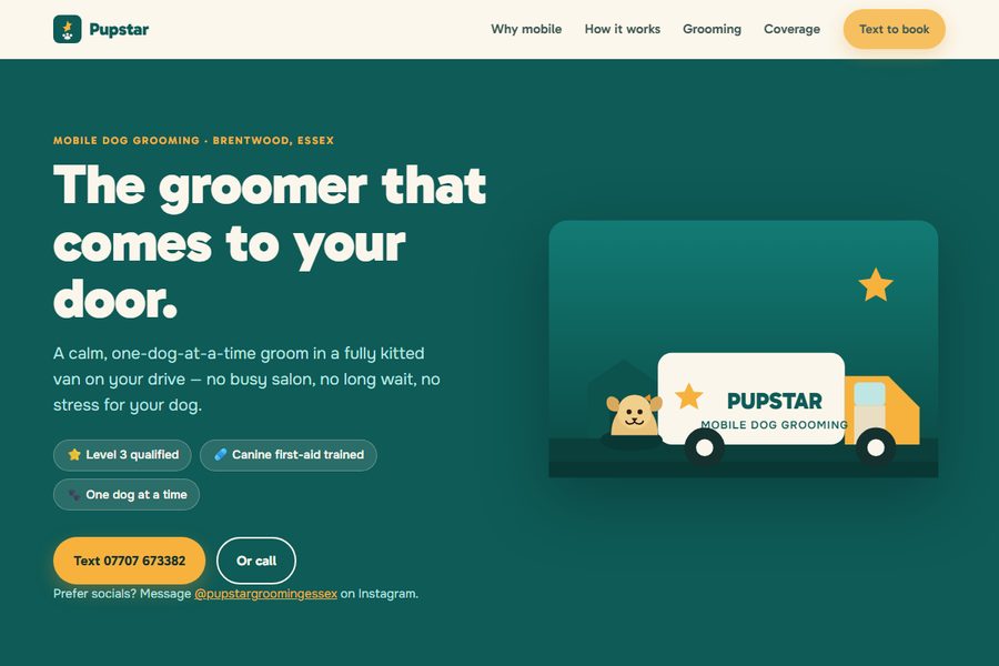 Homepage of the Pupstar Grooming site, showing the coverage map and a text to book button.