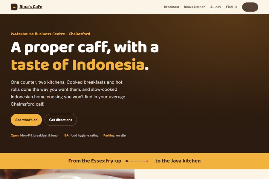 Homepage of the Rina's Cafe site, showing the breakfast menu and the Indonesian dishes.